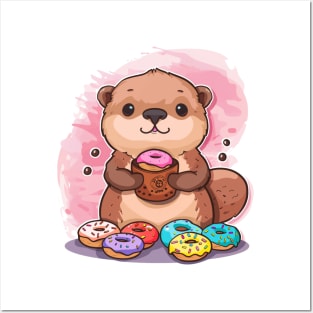 Cute sea otter eating donut Posters and Art